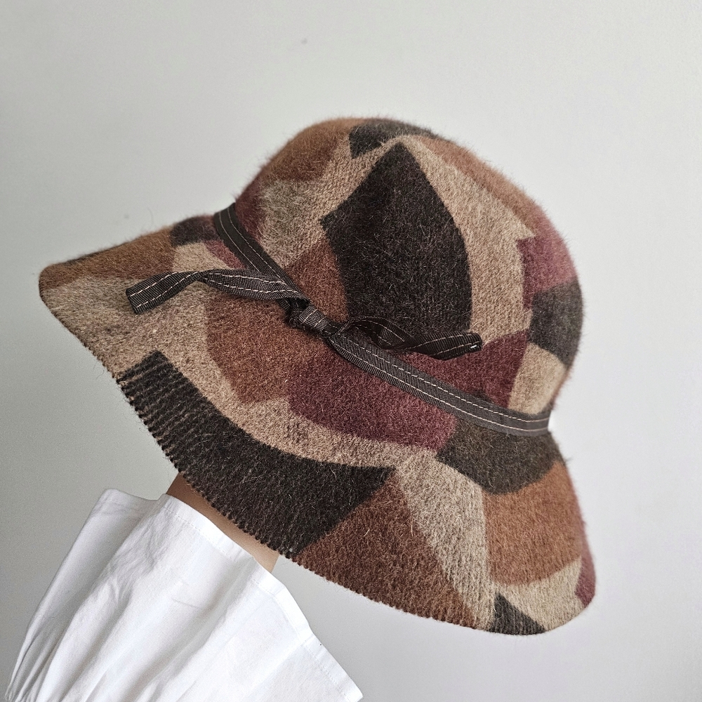Albertus Swanepoel Rabbit Hair Wool Blend Cloche Hat Geometric Print Multi Brown